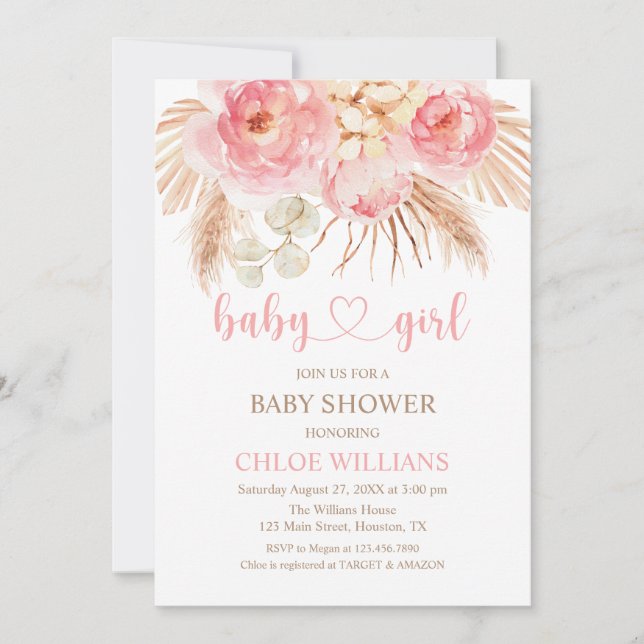 Invitation Invitación Floral pink Boho Pampas Baby Girl Invit (Devant)