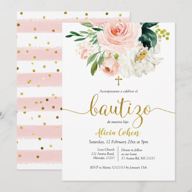 Invitation Invitacion florale rose vif espagnole Bautizo (Devant / Derrière)