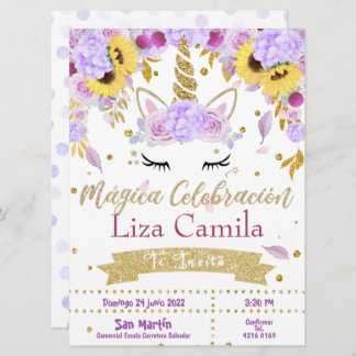 Invitation Invitación Lindo unicornio con flor lila y rosa