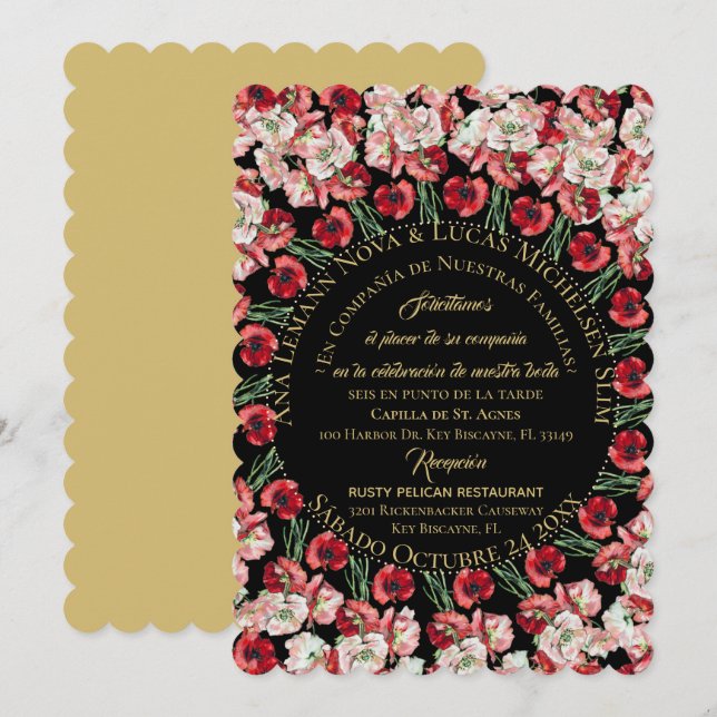 Invitation Invitación Matrimonio/Boda Floral Rosa-Rubor Negro (Devant / Derrière)