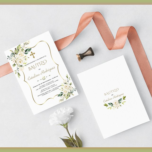 Invitation Invitacion Or De Bautizo Con Flores Baptême (Créateur téléchargé)