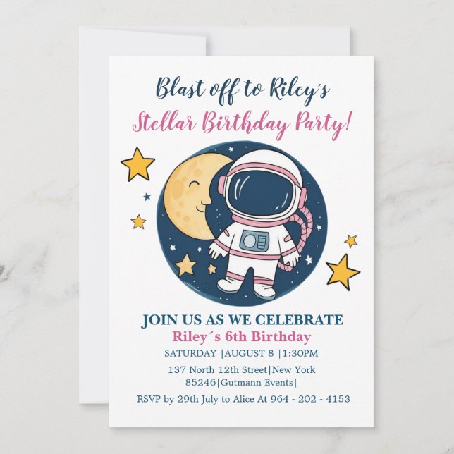Invitation Invitación Pink Blue Cumpleaños Astronauta Fiesta (Devant)