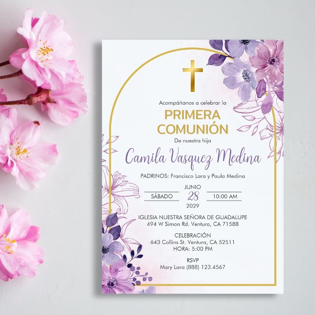 Invitation Invitacion Primera Comunion Fleurs pourpres mignon (Créateur téléchargé)