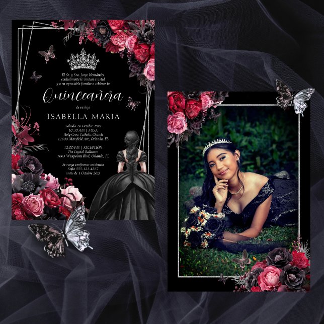 Invitation Invitación Quinceañera floral gótica rosada, roja (Gothic quinceañera invitation with princess dress & tiara in moody pink, red and black florals)
