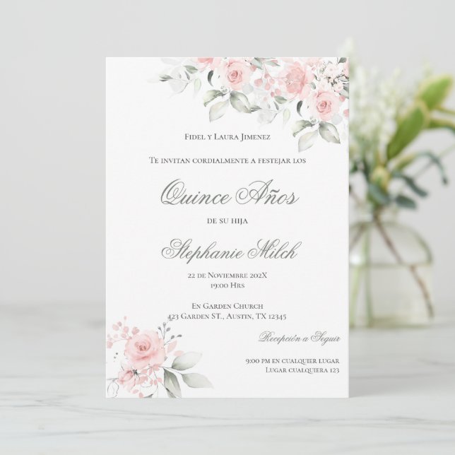 Invitation Invitación Spanish Quinceanera pink floral invite (Debout devant)