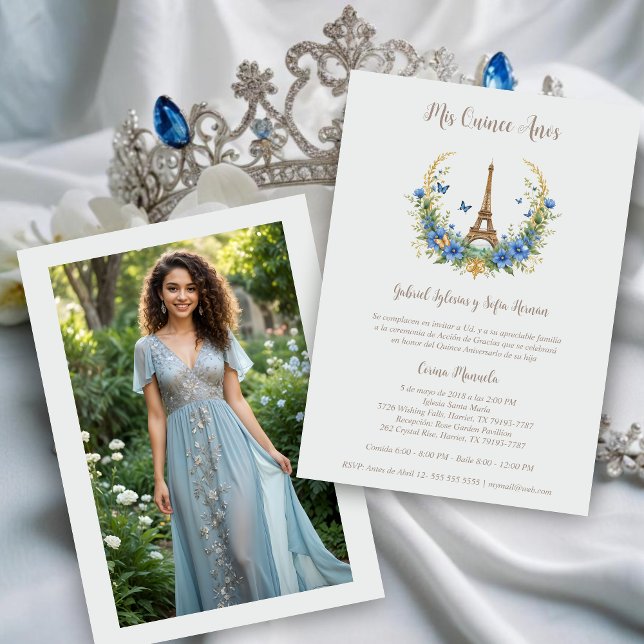 Invitation Invitación Spanish Quinceañera Romantic Eiffel Tow (Spanish XV's Stylish Blue Garland Romantic Eiffel Tower Parisian Inspiration Quinceañera Invitations)