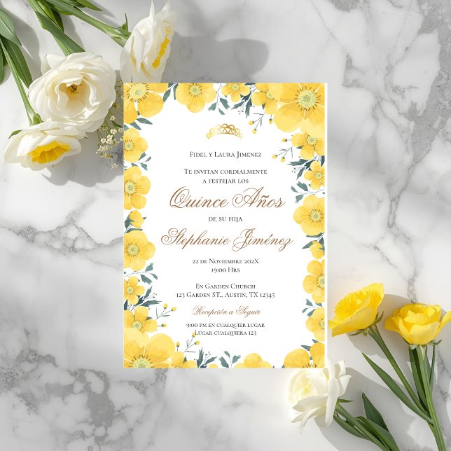 Invitation Invitación Spanish Quinceanera yellow floral invit (Créateur téléchargé)