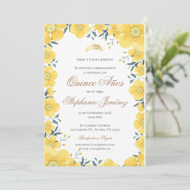 Invitation Invitación Spanish Quinceanera yellow floral invit (Debout devant)