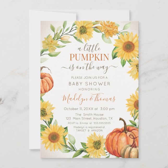 Invitation Invitación Sunflowers & Pumpkins fall Baby Shower (Devant)