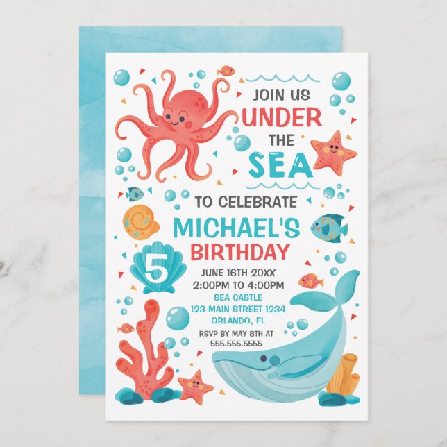 Invitation Invitación Under the Sea blue and coral birthday i (Devant / Derrière)