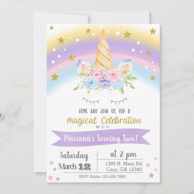 Invitation Invitación Unicorn birthday invitation, girl invit (Devant)