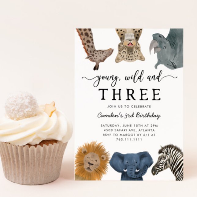 Invitation Invitat Young Wild and Three Safari Birthday Party (Créateur téléchargé)