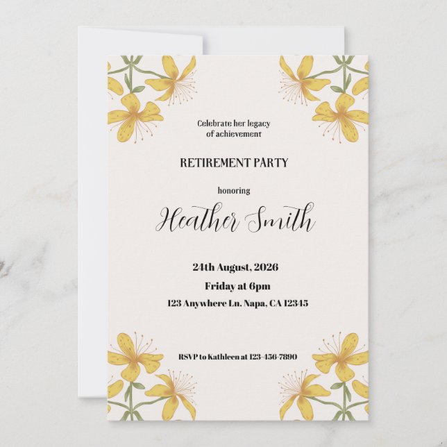 Invitation Invitati du parti de retraite à fleurs à main jaun (Devant)