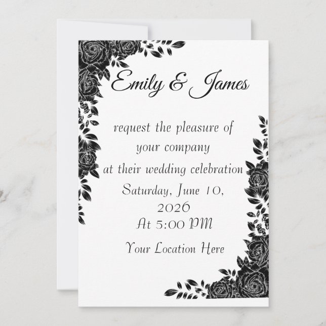 Invitation “Invitation de mariage florale noir et blanc (Devant)