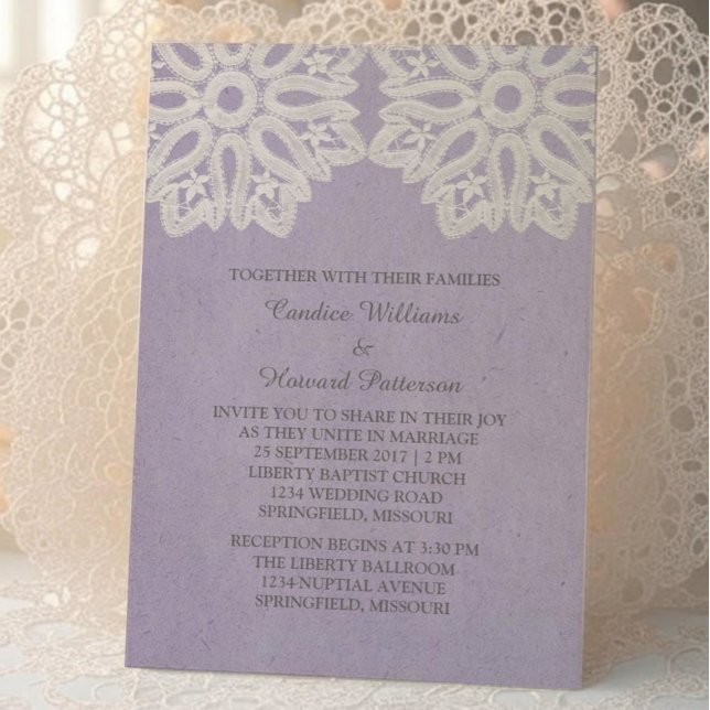 Invitation Invite Mariage de dentelle violet élégant (Purple Elegant Lace Wedding Invite)