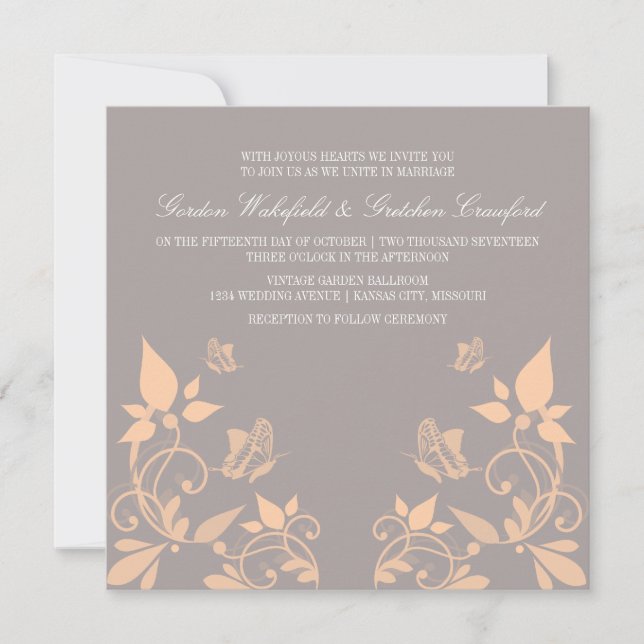Invitation Inviter à Mariage Floral Papillon Peach (Devant)
