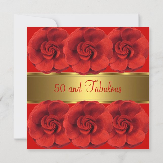 Invitation Inviter Fleurs Rouges Or 50 et Fabuleux (Devant)