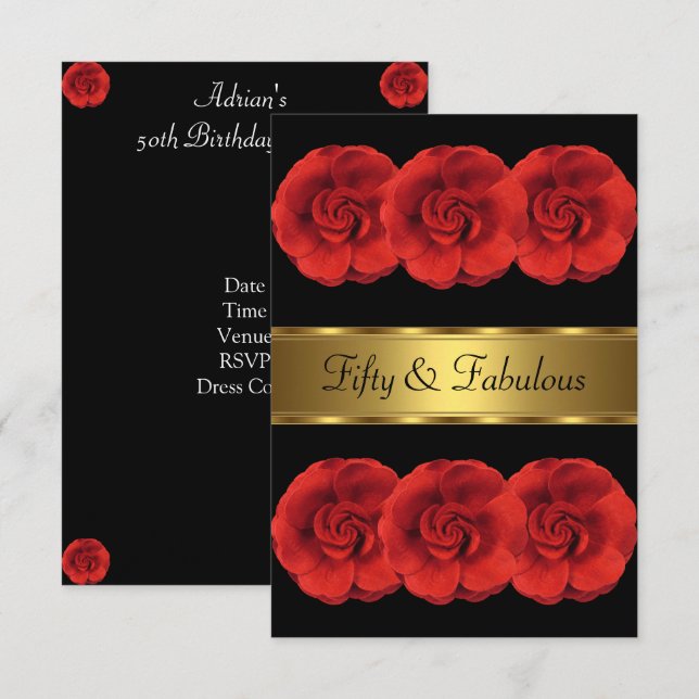 Invitation Inviter Fleurs Rouges Or Noir Fabuleux 50e (Devant / Derrière)