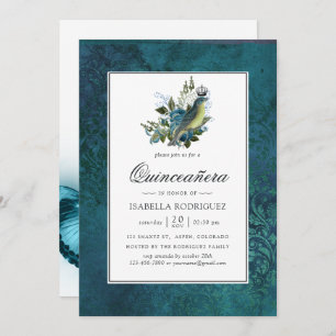 Invitation Iridescendance Bleu Vintage Forêt sauvage Quinceañ