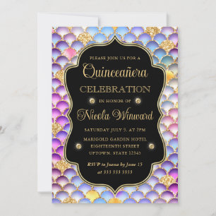 Invitation Iridescent et écailles de sirène dorées pour Quinc