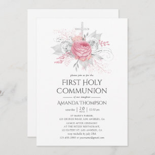 Invitation Iridescente Argent et Pink Floral Holy Communion