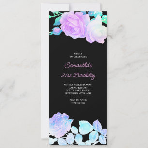Invitation Iridescente Floral Noir et rose 21e anniversaire