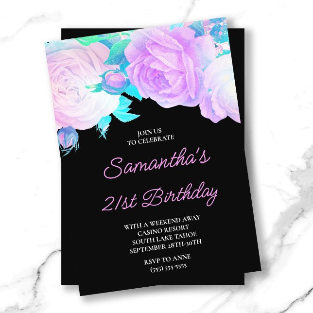 Invitation Iridescente Floral rose et noir 21e anniversaire (Iridescent Floral Pink and Black 21st Birthday Invitation)