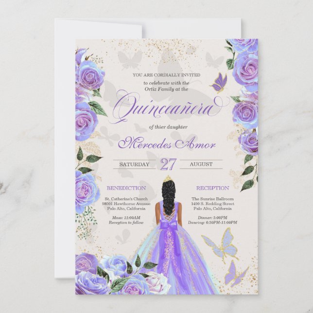 Invitation Iridescente Papillon pourpre Mariposa Quinceanera  (Devant)