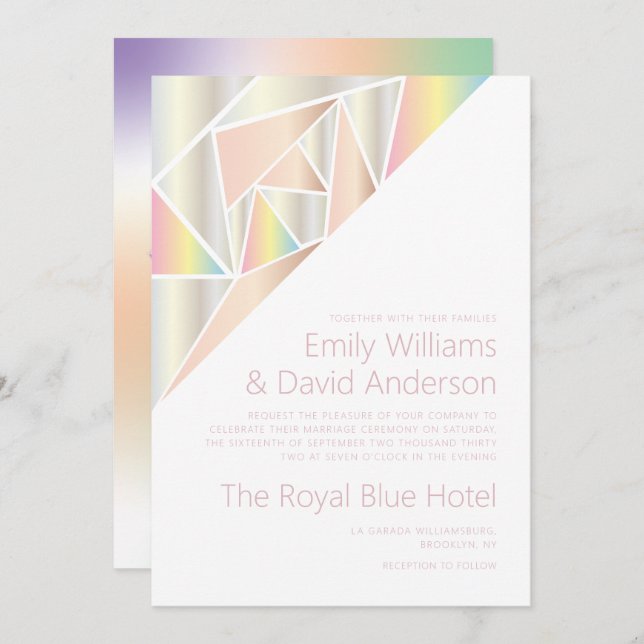 Invitation Iridescente Silver Soft Pastel Diamond Mariage (Devant / Derrière)