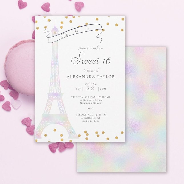 Invitation Iridescente Tour Eiffel Paris Gold Chic Sweet 16 (paris eiffel sweet 16 invitation modern elegant minimalist gold confetti holographic rainbow ooh la)