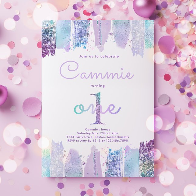 Invitation Iridescente violet arc-en-ciel 1er fête d'annivers (Créateur téléchargé)
