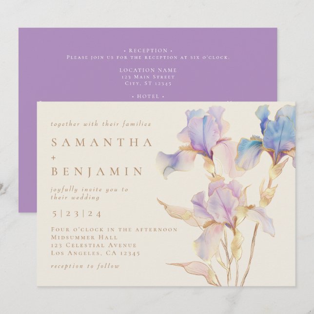 Invitation Iris Elégant Ensemble Complet Fleurs Aquarelle Mar (Devant / Derrière)