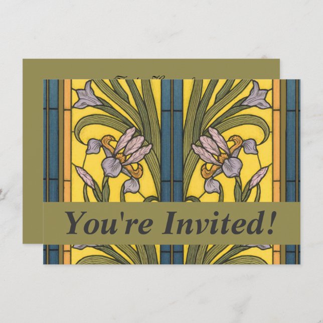 Invitation Iris Fleur Art Nouveau Vitrail Bleu Or (Devant / Derrière)