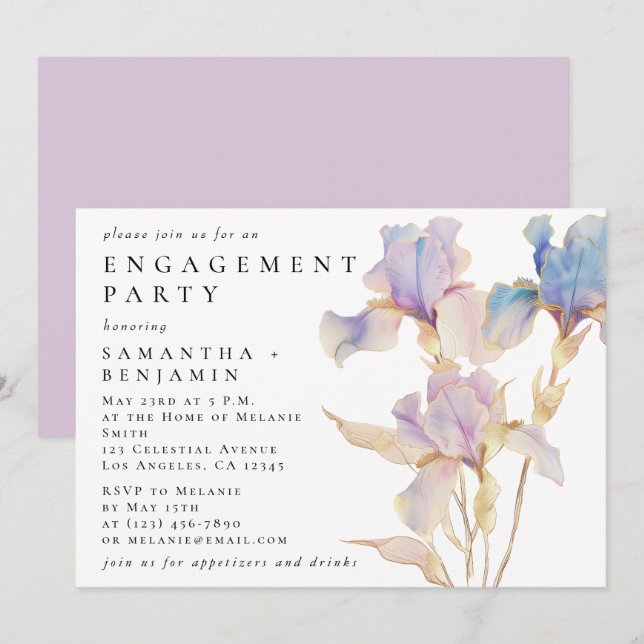 Invitation Iris Floral Élégant pour Fête de Fiançailles (Devant / Derrière)