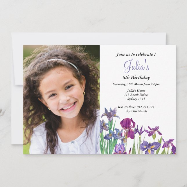 Invitation Iris photo d'anniversaire de la fille aux fleurs (Devant)