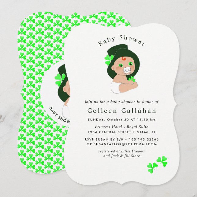 Invitation Irish Baby Leprechaun Lucky Shamrock Baby shower (Devant / Derrière)