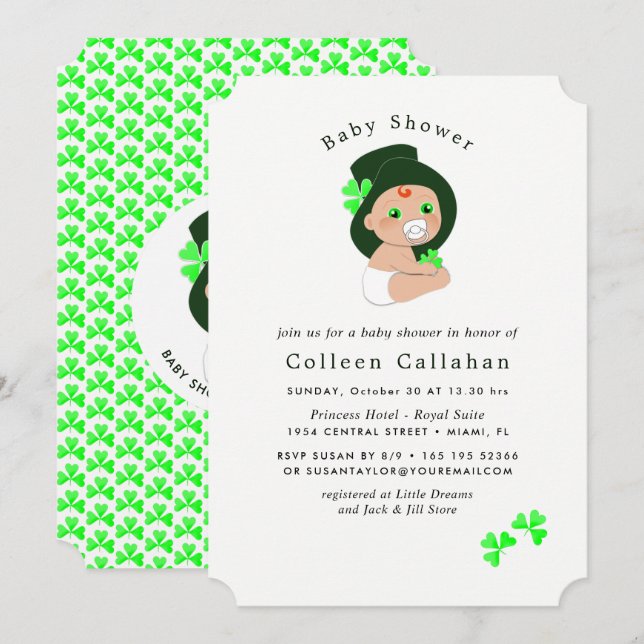 Invitation Irish Baby Leprechaun Lucky Shamrock Baby shower (Devant / Derrière)