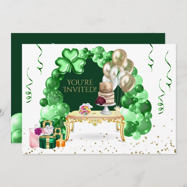 Invitation Irish Birday Balloon Arch Green and Gold Party (Devant / Derrière)