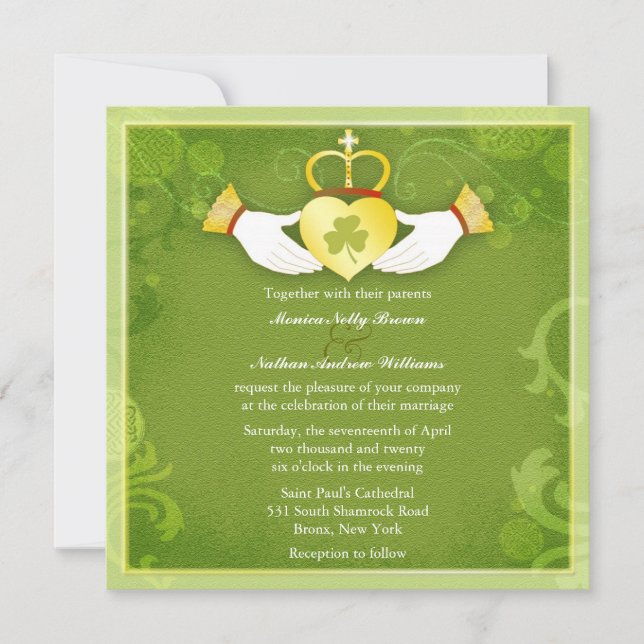 Invitation Irish Claddagh Heart Green Celtic Mariage (Devant)
