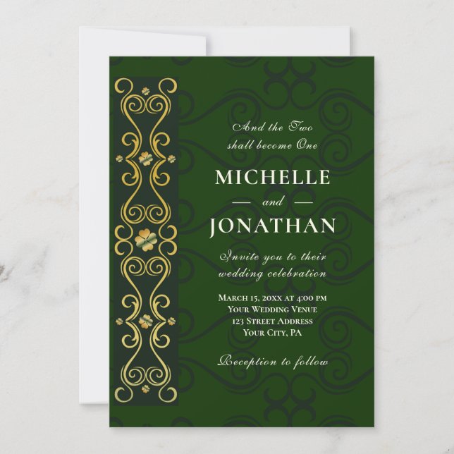 Invitation Irish Elegant Gold Artwork sur Green Christian (Devant)