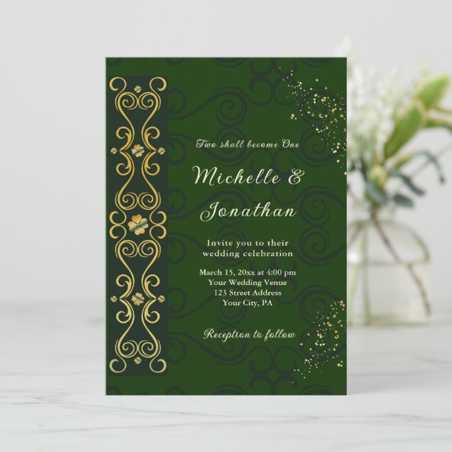 Invitation Irish Elegant Green Gold Design Mariage chrétien (Debout devant)