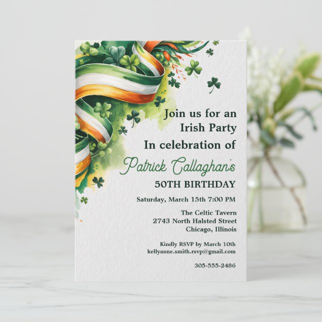 Invitation Irish Flag Ribbon Shamrock Green White Orange  (Debout devant)