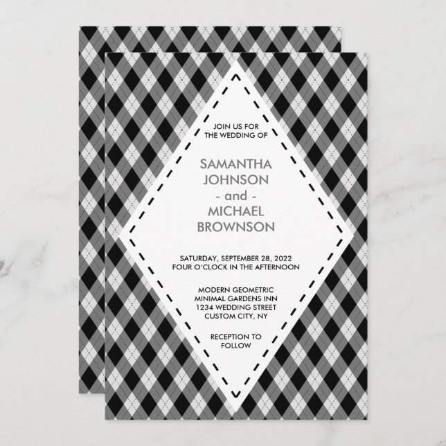 Invitation Irish Tartan Diamond Black Grey Wedding (Devant / Derrière)