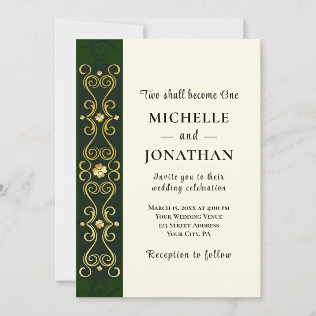 Invitation Irlandais Elegant Gold Dark Green Mariage chrétien (Devant)