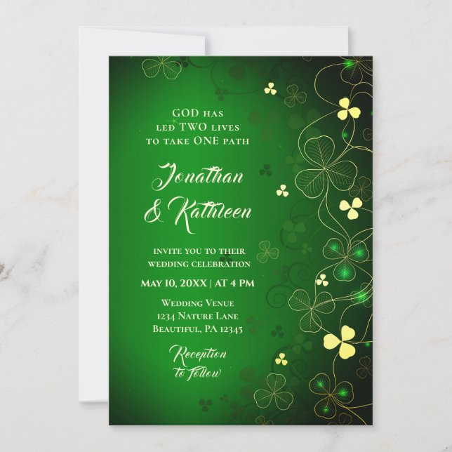 Invitation Irlandais Golden Leaf Clover Design Mariage Bénédi (Devant)