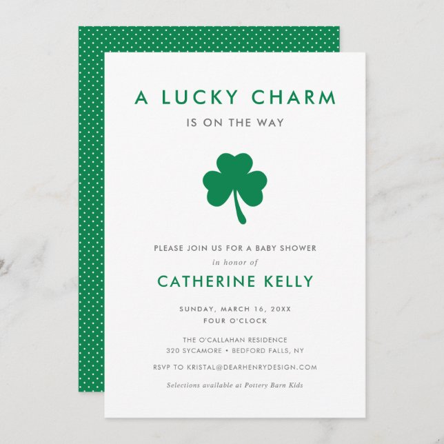 Invitation Irlandais Lucky Charm Baby shower de printemps ver (Devant / Derrière)