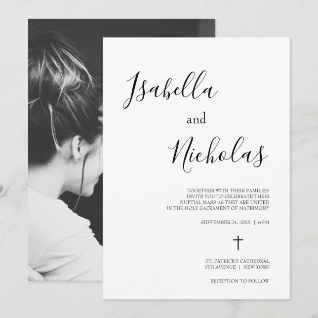 Invitation Isabella Simple moderne Script Mariage catholique (Devant / Derrière)