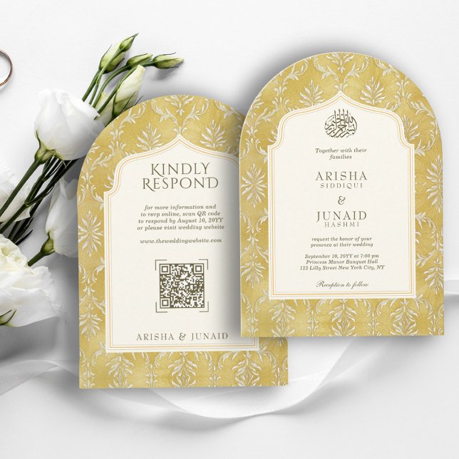 Invitation Islam Royal Golden Damask Muslim QR Arch Mariage (Créateur téléchargé)