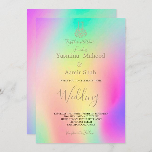 Invitation Islamique Bismillah Coloré Chic Mariage moderne (Devant / Derrière)