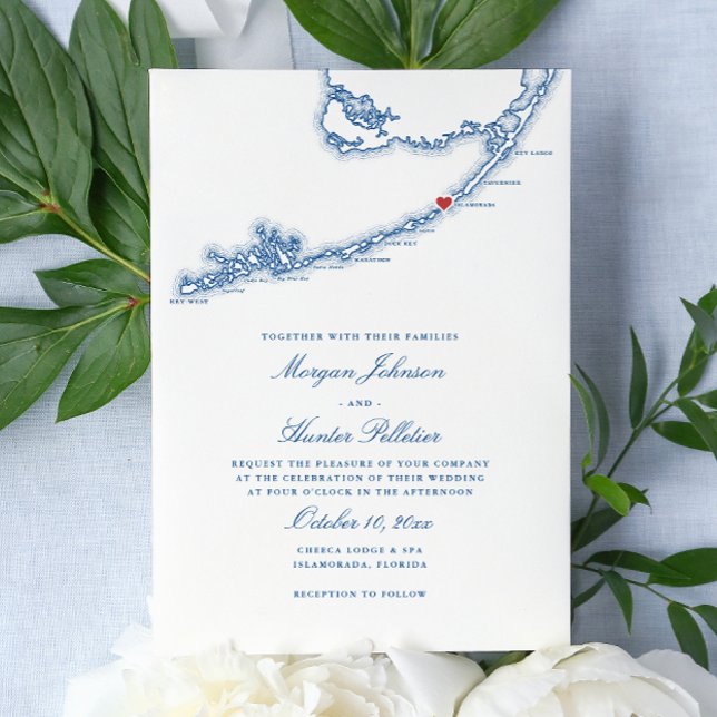 Invitation Islamorada FL Map Élégant Mariage bleu marine (Islamorada Florida Keys Wedding Invitation in Elegant Navy Blue from Coastal Map Designs)